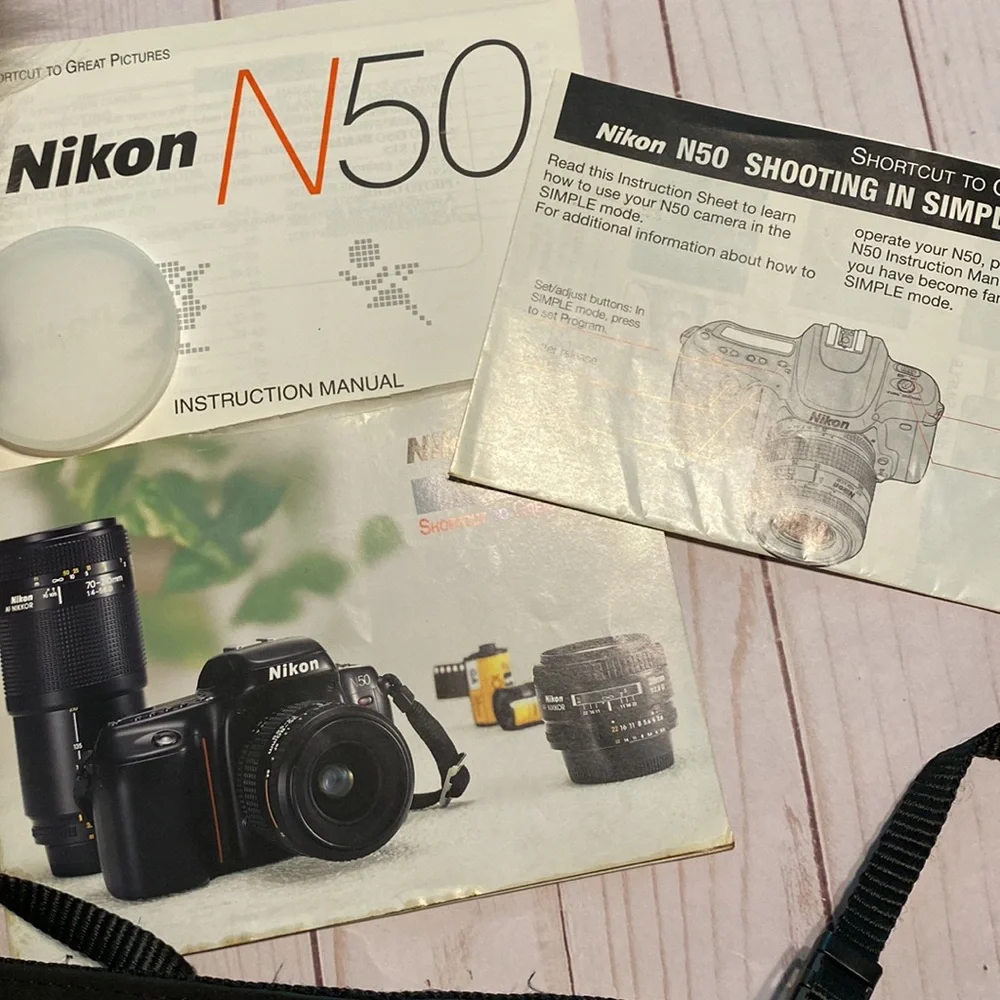 Vintage retro Nikon camera N50 strap and lens cover 1994 accessories